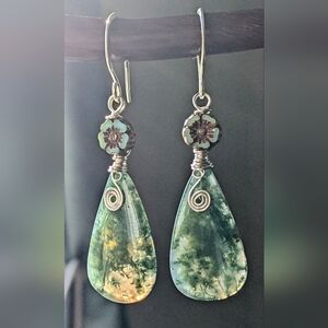 Sterling Silver Earrings Moss Agate Earthy Green Gemstone Jewelry